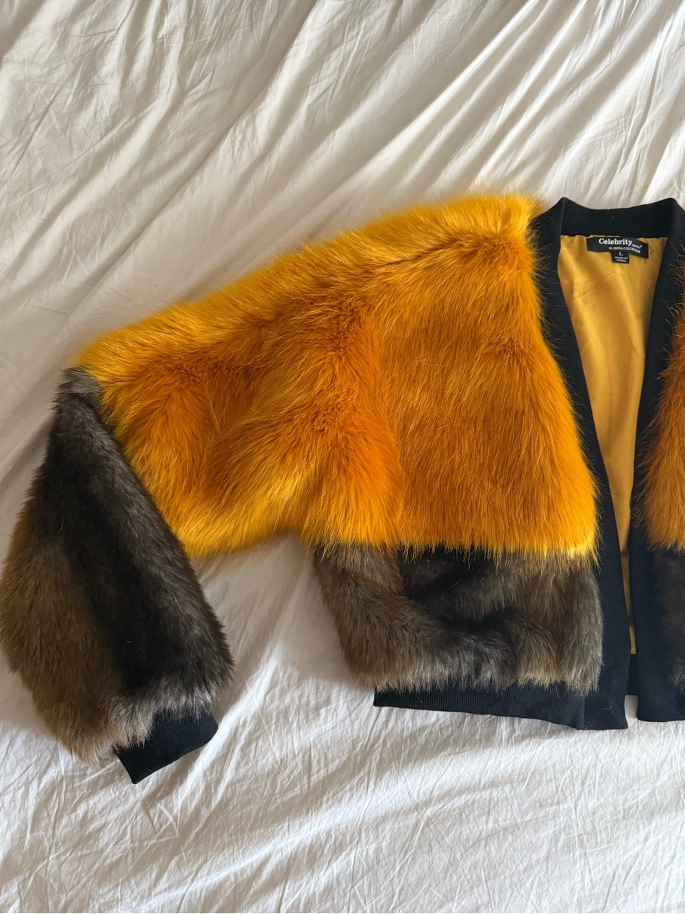Hera Collection Two-Tone Faux Fur Cropped Jacket in Mustard Yellow and Brown